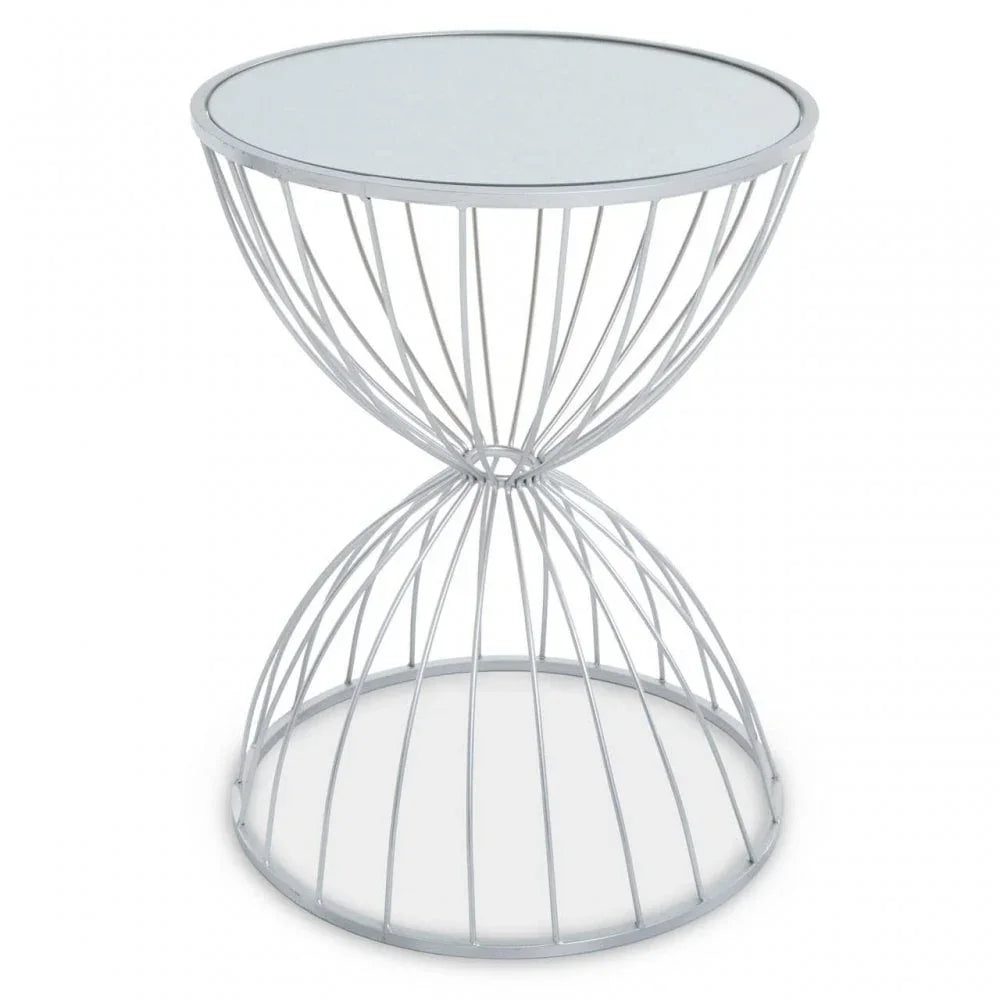 Giselle Hourglass Mirrored Top Silver Frame Side Table