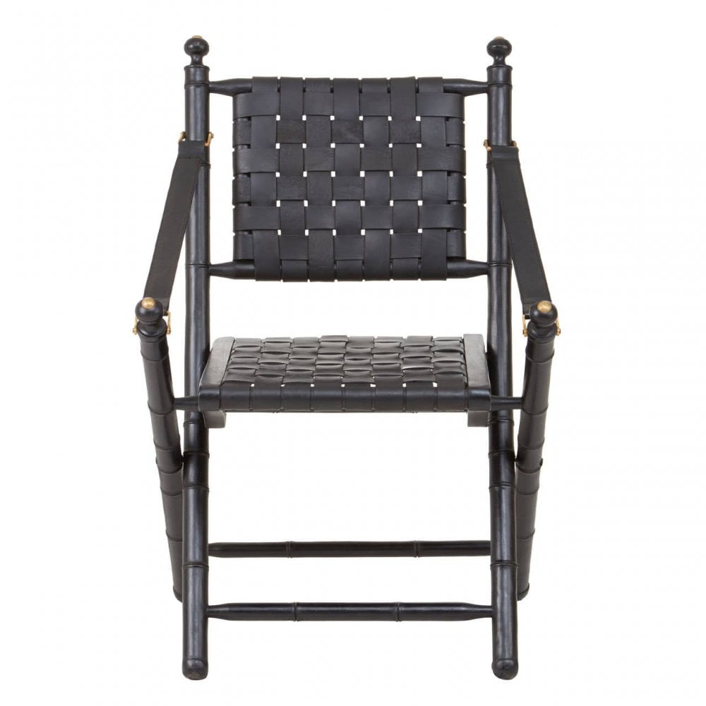Alden Black Strapped Leather And Black Teak Wood Chair