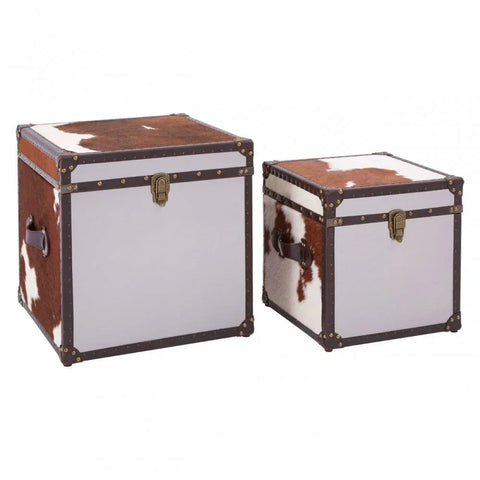 Lancaster Townhouse Brown And White Genuine Cowhide Storage Trunk Set
