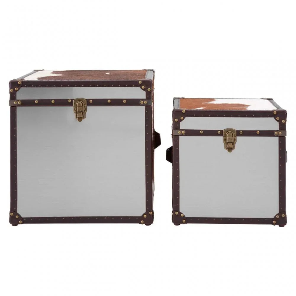 Lancaster Townhouse Brown And White Genuine Cowhide Storage Trunk Set