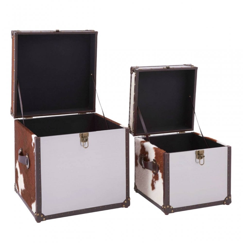 Lancaster Townhouse Brown And White Genuine Cowhide Storage Trunk Set