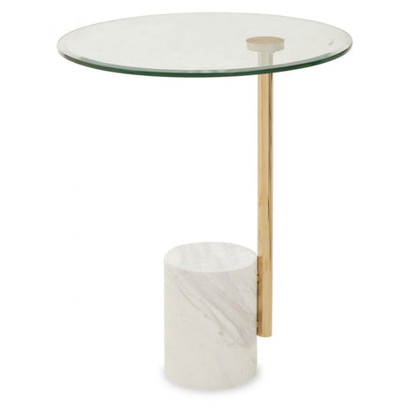 Belmore Clear Glass Side Table With Gold Frame And White Marble Base