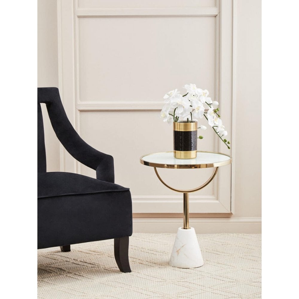 Belmore White Glass White Marble Base Side Table