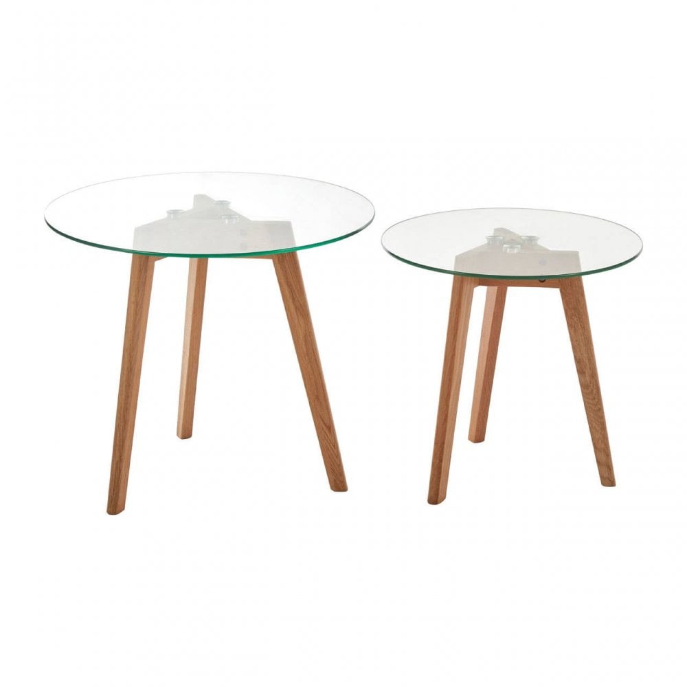 Solara Set Of Two Glass Top Oak Wood Side Tables