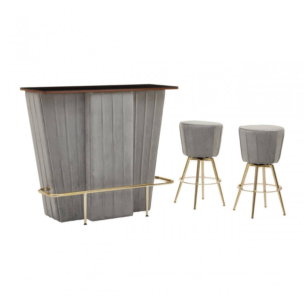 Westend Bar And Grey Velvet Stools Set