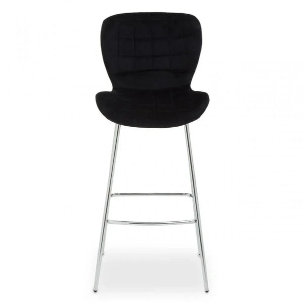 Black velvet bar stool with chrome legs, front view