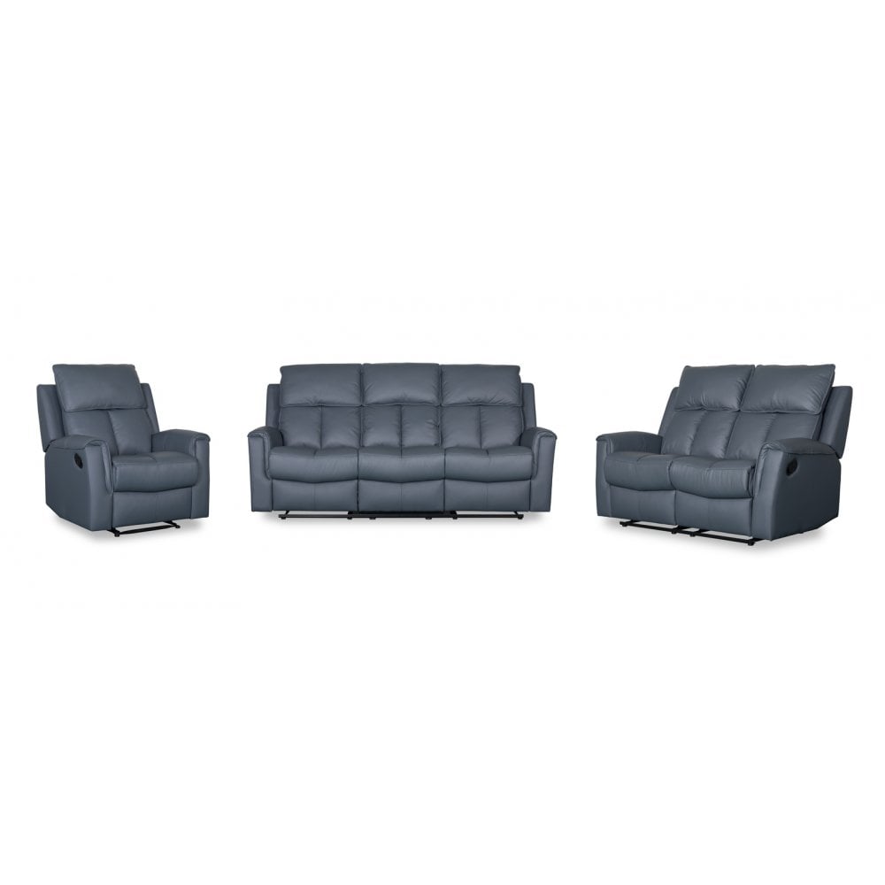 Bergamo Leather 3 Seater Recliner Sofa-Blue Grey