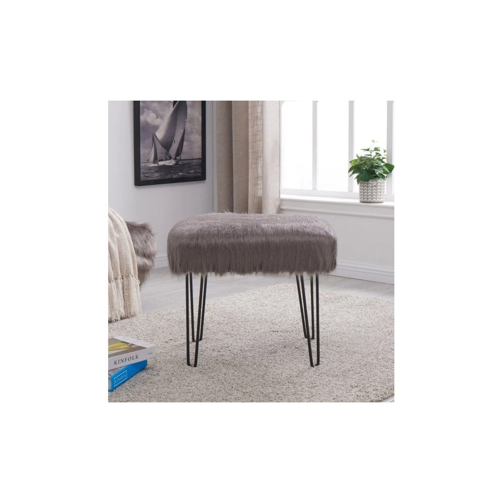 Faux Sheepskin Dressing Table Stool-Grey