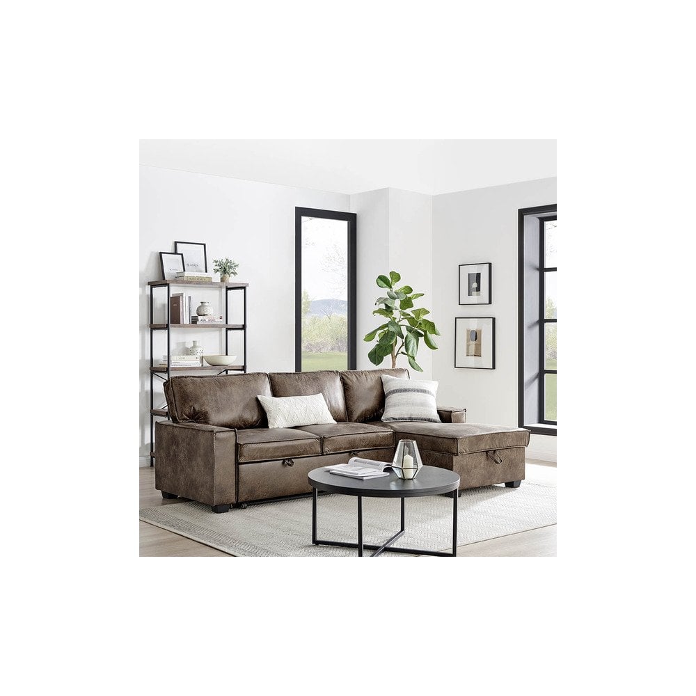 Havar Corner Sofa with Pull Out Sofa Bed & Storage - Brown Leather Aire (Right)
