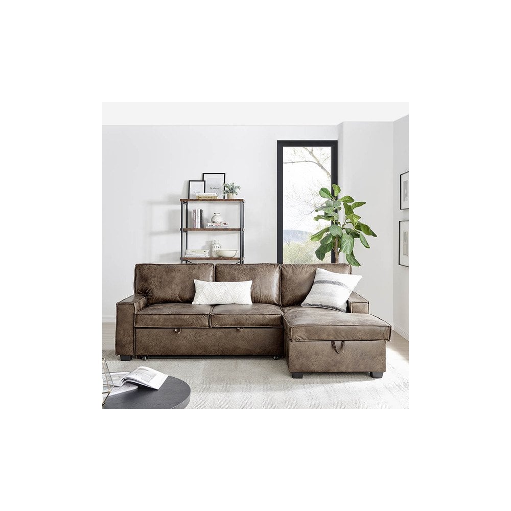 Havar Corner Sofa with Pull Out Sofa Bed & Storage - Brown Leather Aire (Right)