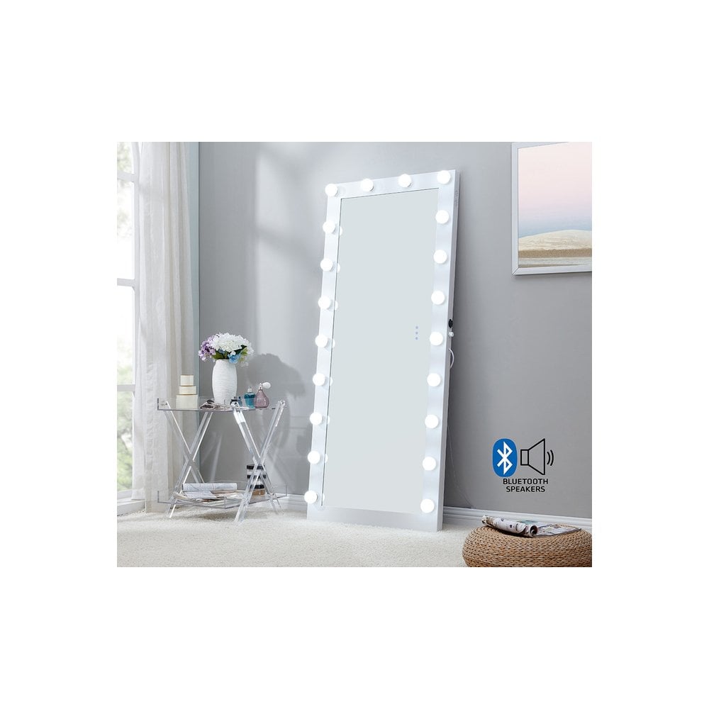 Hollywood Floor Mirror White with Bluetooth Speaker
