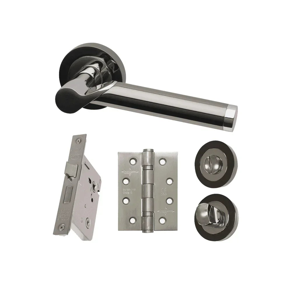Satin chrome door handle set with hinge, lock, and two round escutcheons
