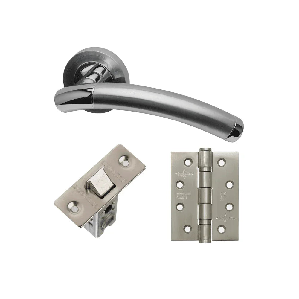 Brushed nickel door handle set with matching hinge and latch hardware