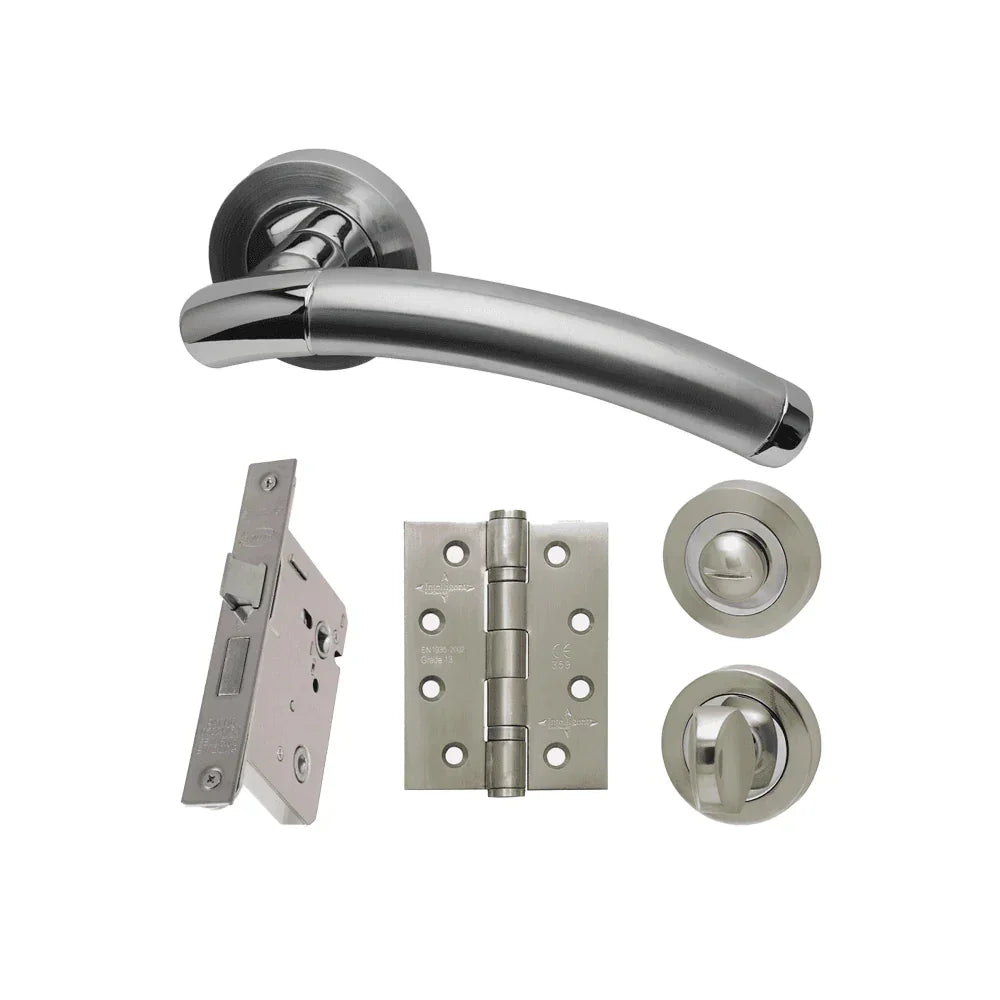 Brushed steel door handle set with hinge, lock, thumbturn and privacy thumbturn