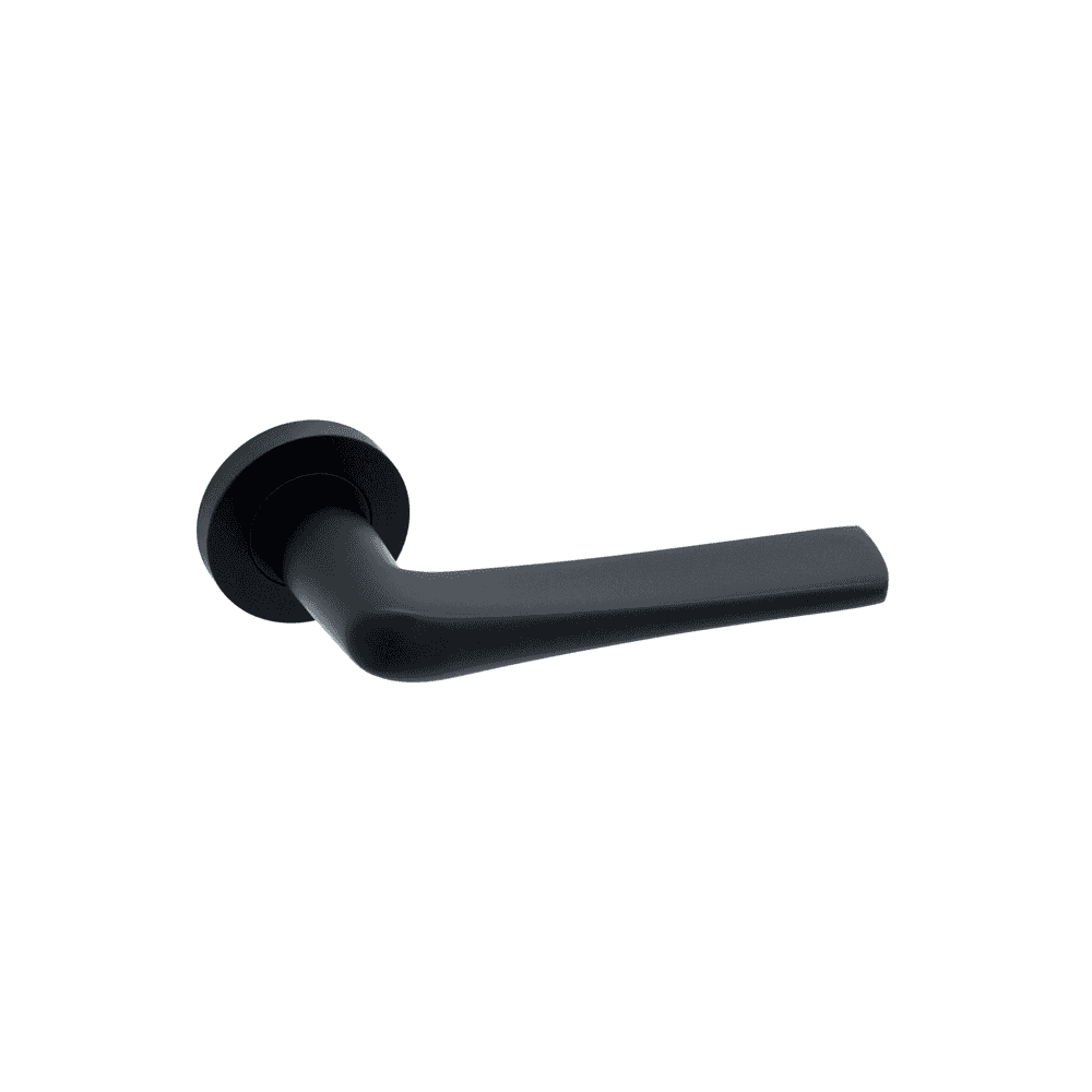 Matte black door handle with round rose, modern lever design