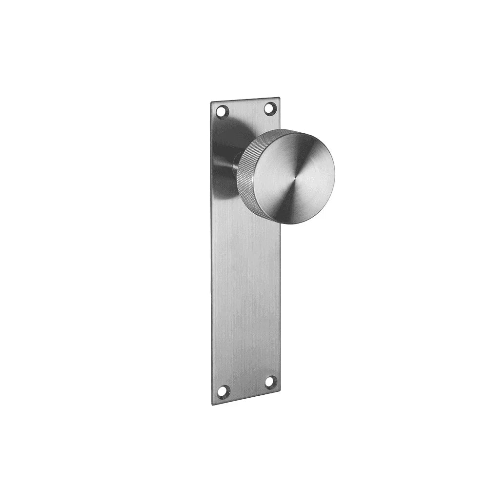 Brushed metal door knob with rectangular backplate and four mounting holes