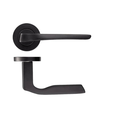 Matt black angular lever door handle on a round rose, shown from the front and from above