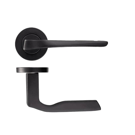 Matt black angular lever door handle on a round rose, shown from the front and from above