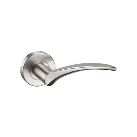 Satin chrome curved lever door handle on a round rose, angled close-up view