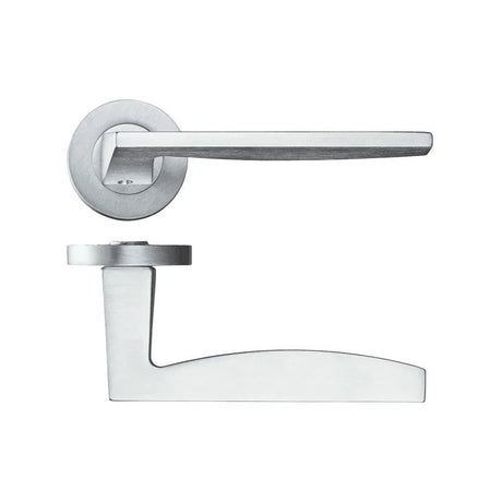 Satin chrome straight lever door handle on a round rose, with a second angled view below