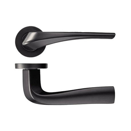 Matt black curved lever door handle on a round rose, with a second angled view below