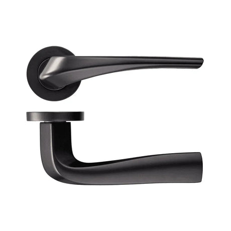 Matt black curved lever door handle on a round rose, with a second angled view below