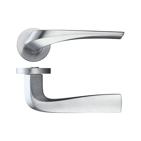 Satin chrome curved lever door handle on a round rose, with a second angled view below