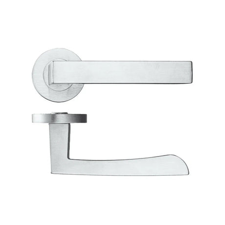 Satin chrome door lever handles shown in two different styles, close-up view