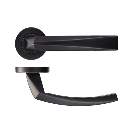 Matt black lever door handle on a round rose, shown in two views