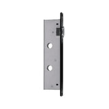 Side view of a mortice lock case with a ball latch, black edge finish