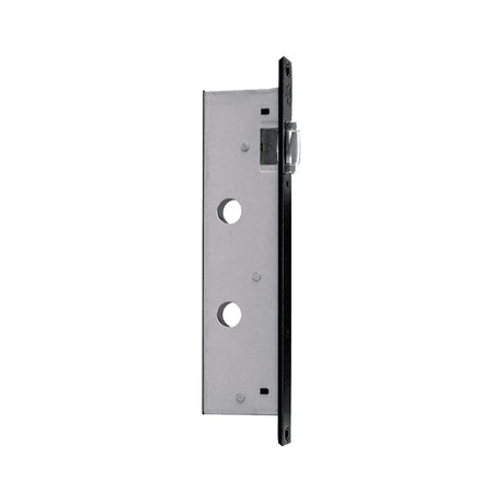 Side view of a mortice lock case with a ball latch, black edge finish