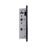 Mortice lock body, satin steel case with a matt black edge plate, angled view