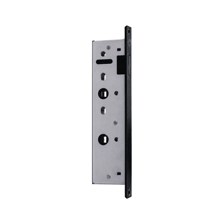 Mortice lock body, satin steel case with a matt black edge plate, angled view