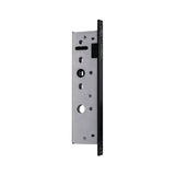Mortice lock body, satin steel case with a matt black edge plate, angled view
