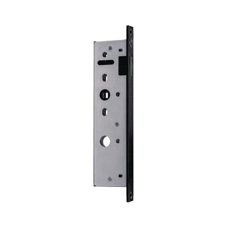 Mortice lock body, satin steel case with a matt black edge plate, angled view
