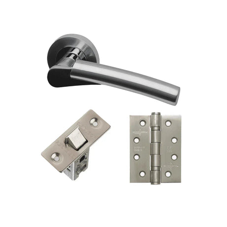Chrome-finish door lever handle set with latch and hinge, on white background