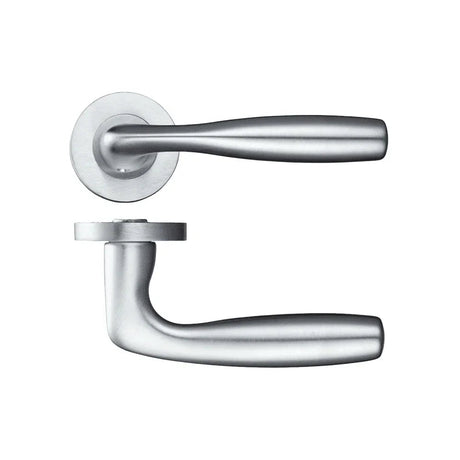 Satin chrome lever door handle on a round rose, shown in two views