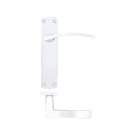 White lever door handle on a rectangular backplate, shown in two views