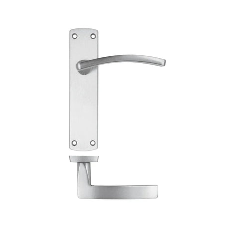 Satin chrome lever handle shown on a rectangular backplate and a round rose
