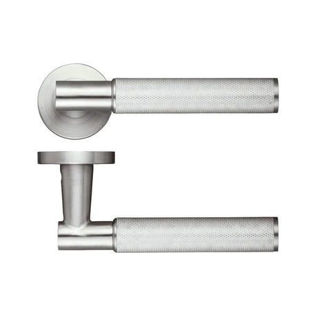 Satin steel lever handle with a knurled grip, shown on two rose styles