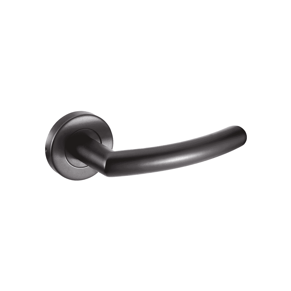 Matte black door handle with curved lever and round base on white background