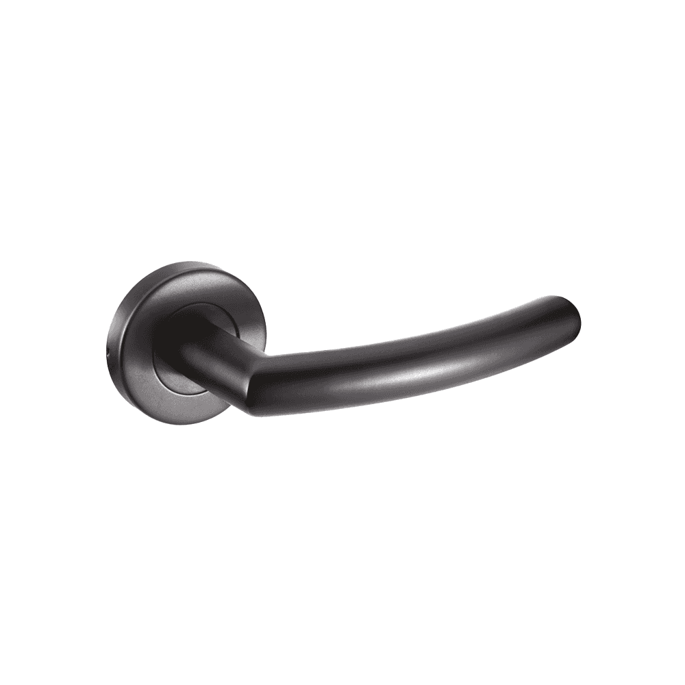 Matte black door handle with round rose mounting, side view
