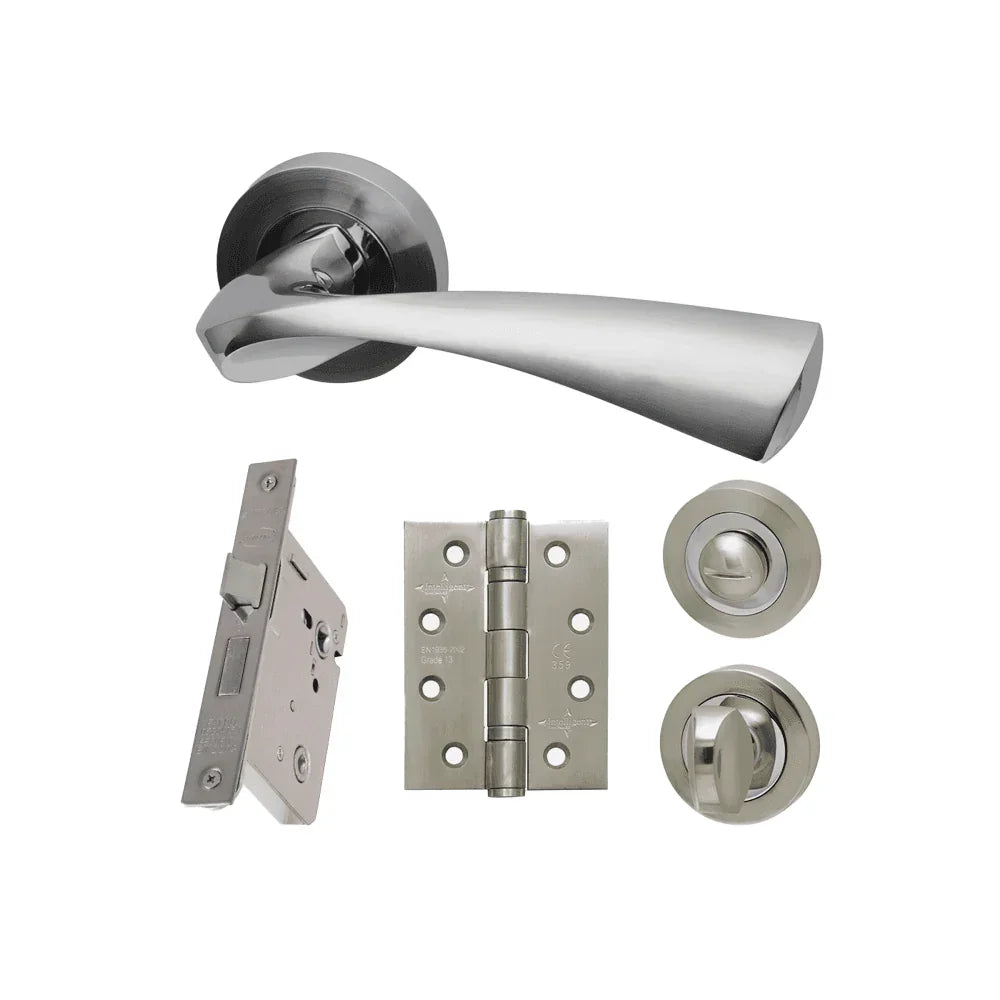 Satin chrome door handle set with matching hinge, lock, and thumb turn components