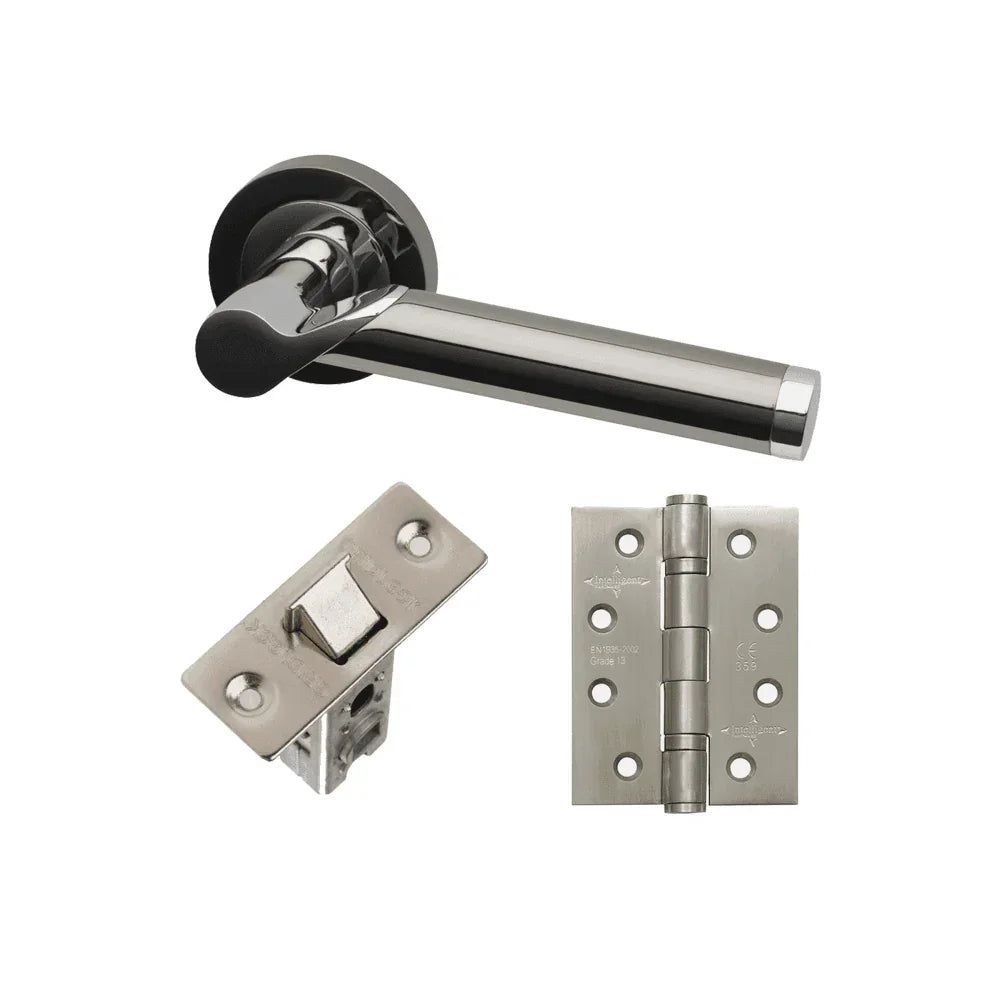 Chrome door handle set with latch and matching hinge on white background