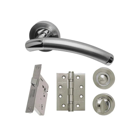 Polished chrome curved lever handle on a black nickel rose, with a mortice lock, hinge and privacy turn releases