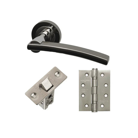 Black nickel curved lever handle, with a latch and hinge alongside