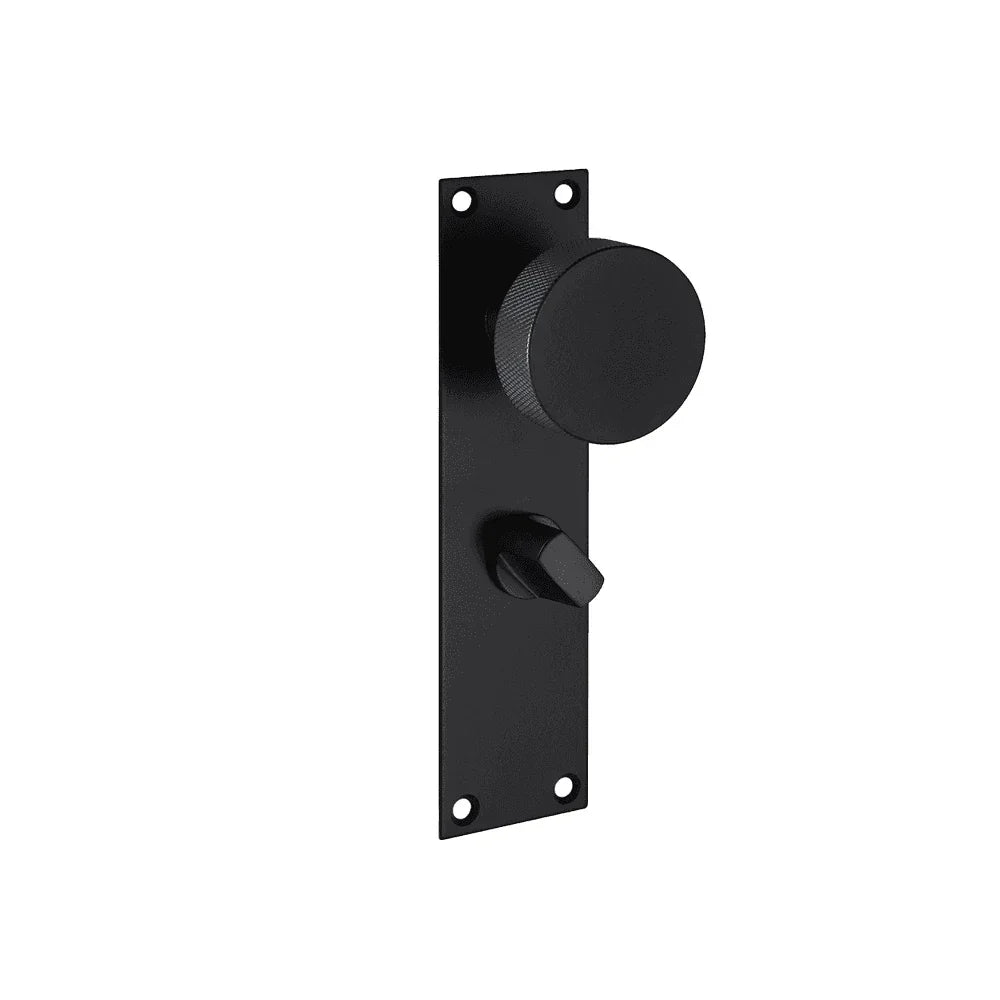 Matte black door handle set with round knob and thumbturn on rectangular backplate