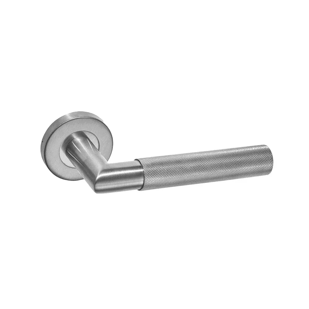 Brushed steel door handle with textured grip and round backplate on white background