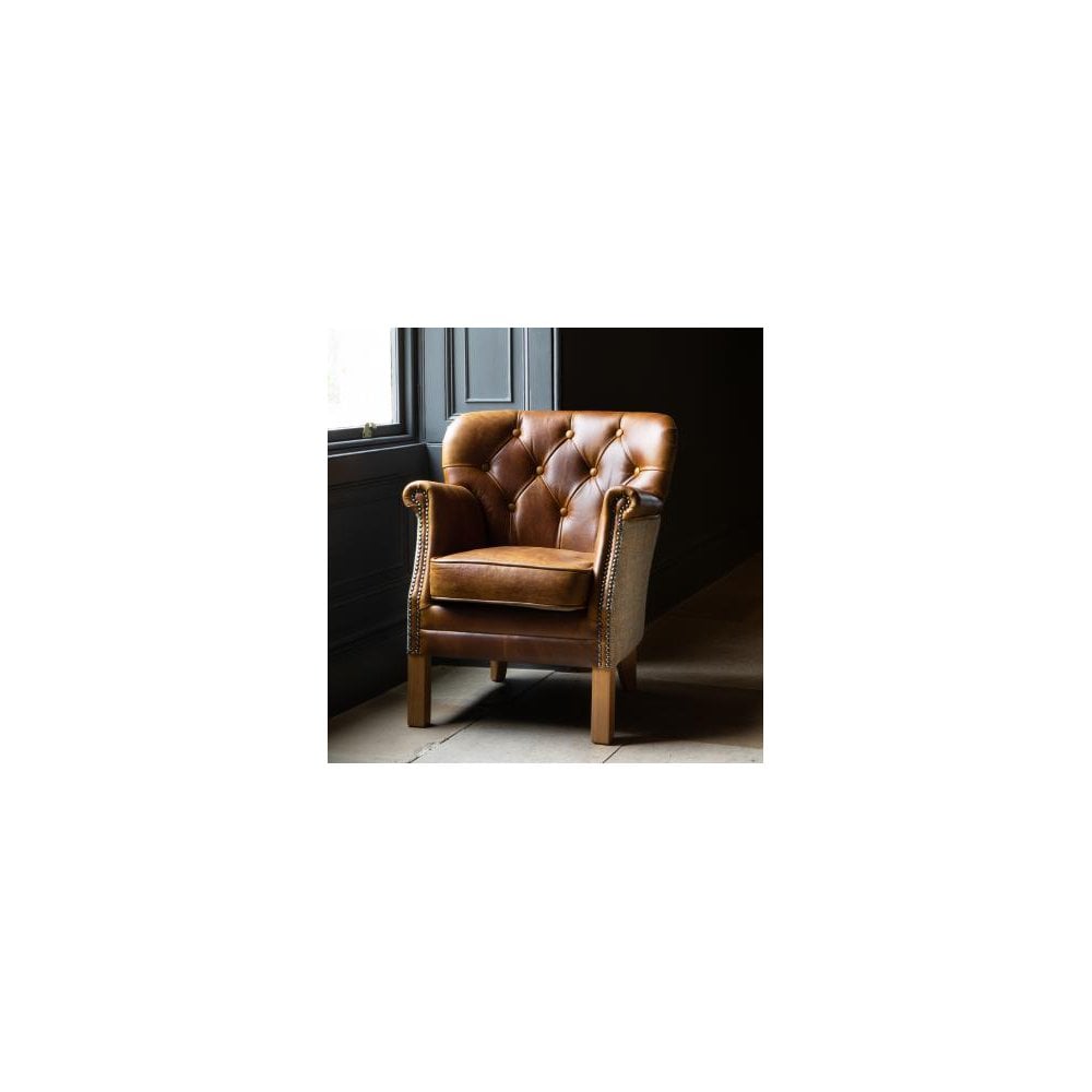 Buttoned Governor Chair in Tweed & Tan Leather