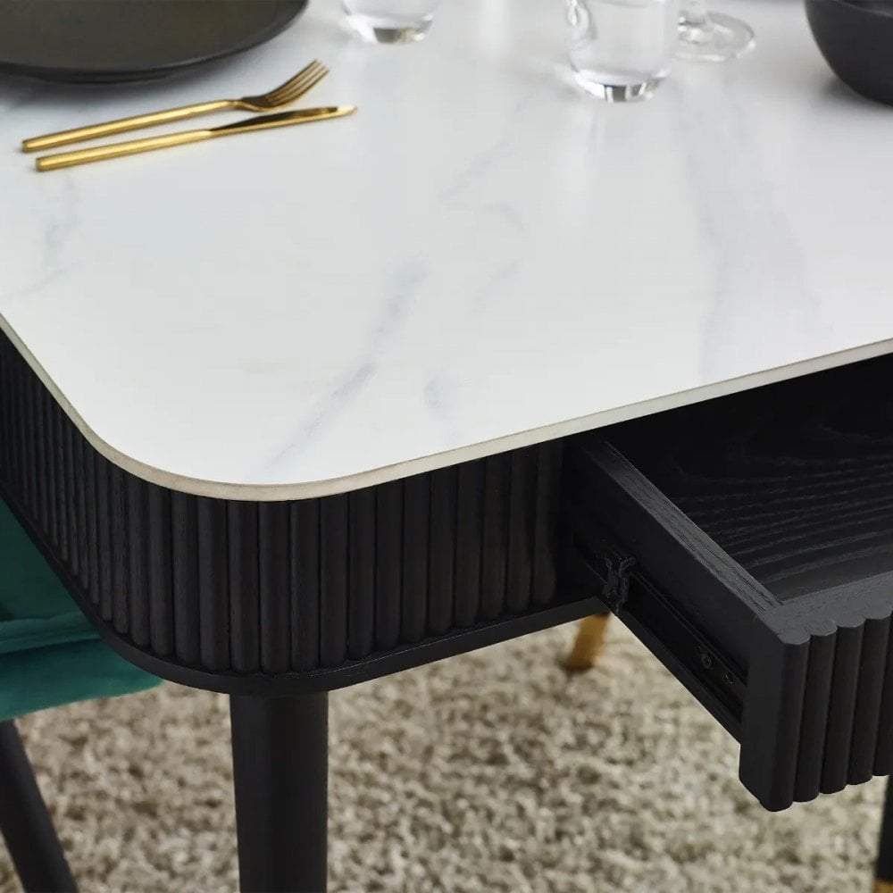Louis Black Fluted Stone Top Dining Table With Drawers